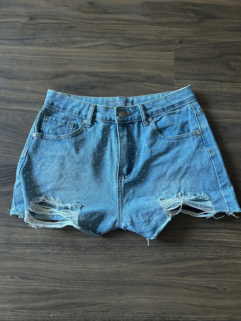 Studded Distressed Denim Shorts - Blue